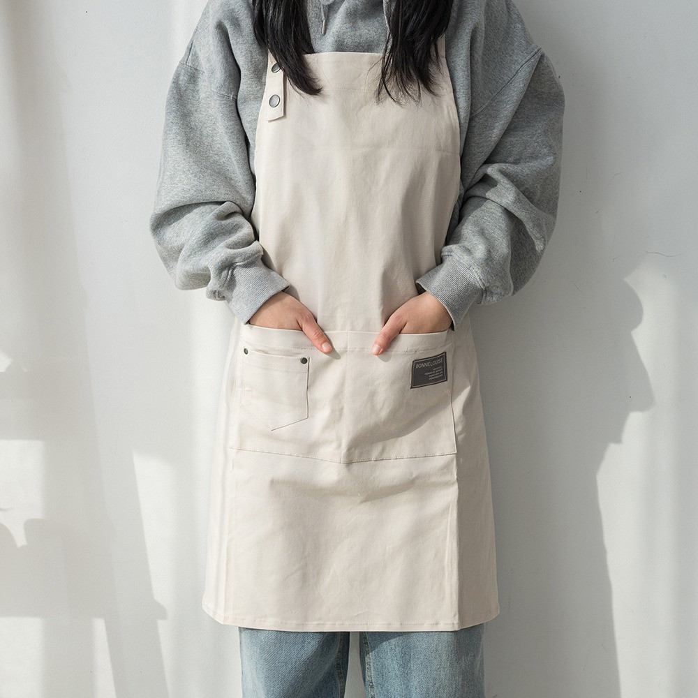 해피니 앞치마 썸띵 면혼방 다용도 포켓 앞치마 (베이지)