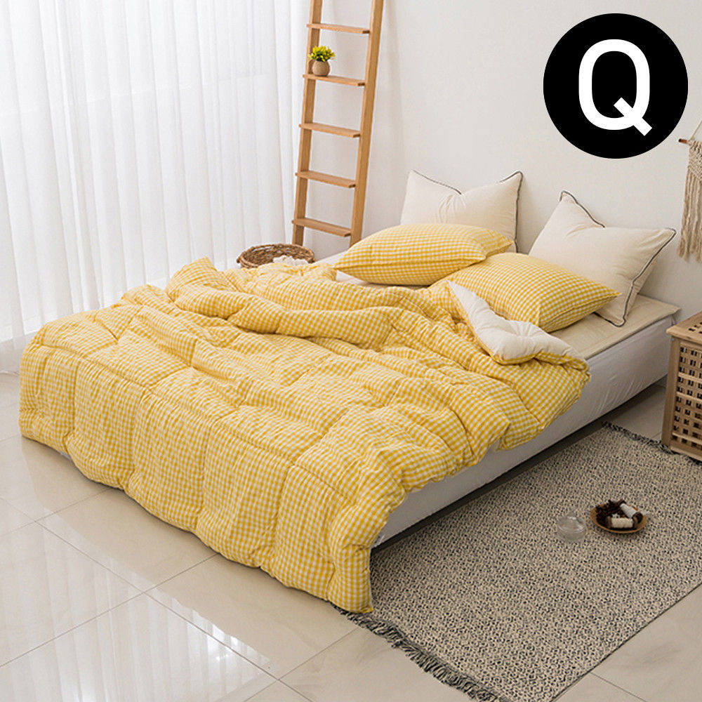 해피니 어반체크 순면 선염 워싱 차렵이불 베개커버세트 퀸 Q (옐로우) (베개솜 별매)