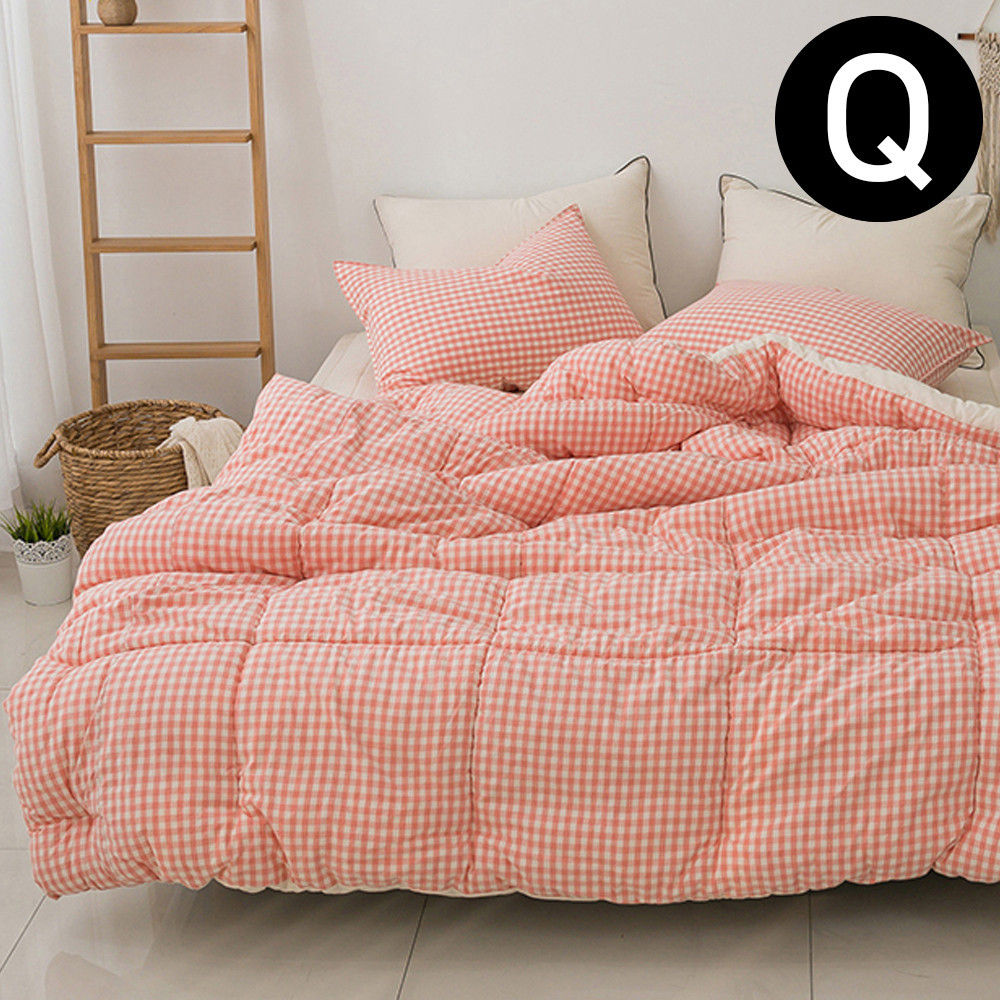 해피니 어반체크 순면 선염 워싱 차렵이불 베개커버세트 퀸 Q (핑크) (베개솜 별매)