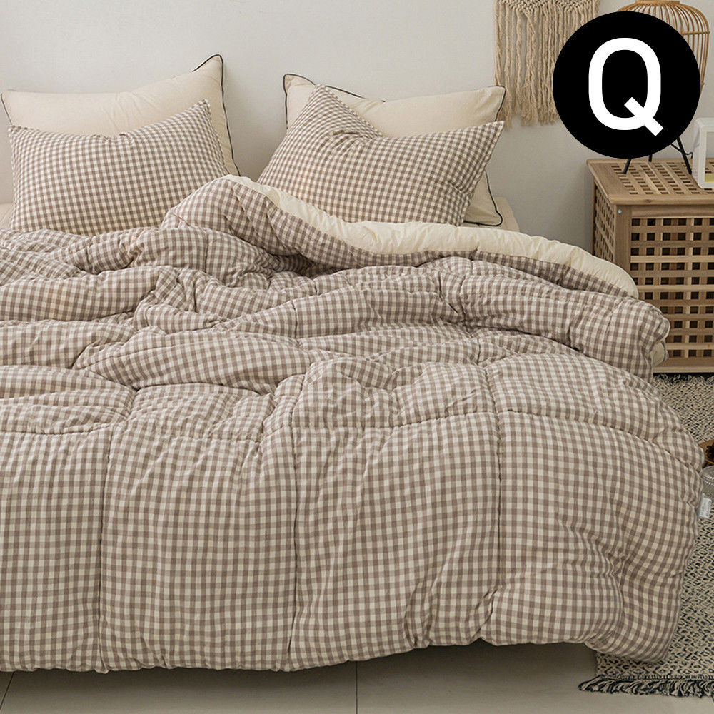 해피니 어반체크 순면 선염 워싱 차렵이불 베개커버세트 퀸 Q (브라운) (베개솜 별매)