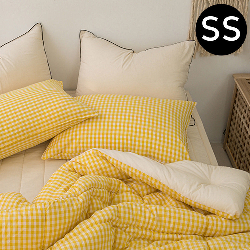 해피니 어반체크 순면 선염 워싱 차렵이불 패드세트 슈퍼싱글 SS (이불 옐로우. 패드 베이지)