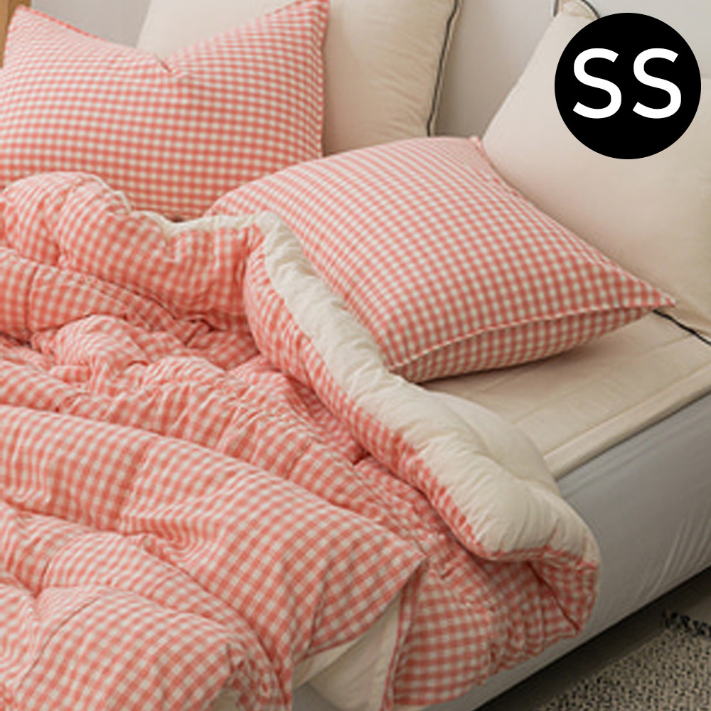 해피니 어반체크 순면 선염 워싱 차렵이불 패드세트 슈퍼싱글 SS (이불 핑크. 패드 베이지)