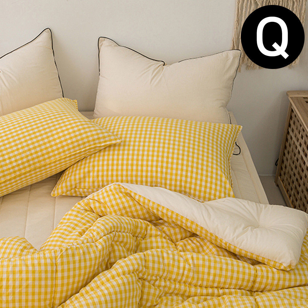 해피니 어반체크 순면 선염 워싱 차렵이불 패드세트 퀸 Q (이불 옐로우. 패드 베이지)