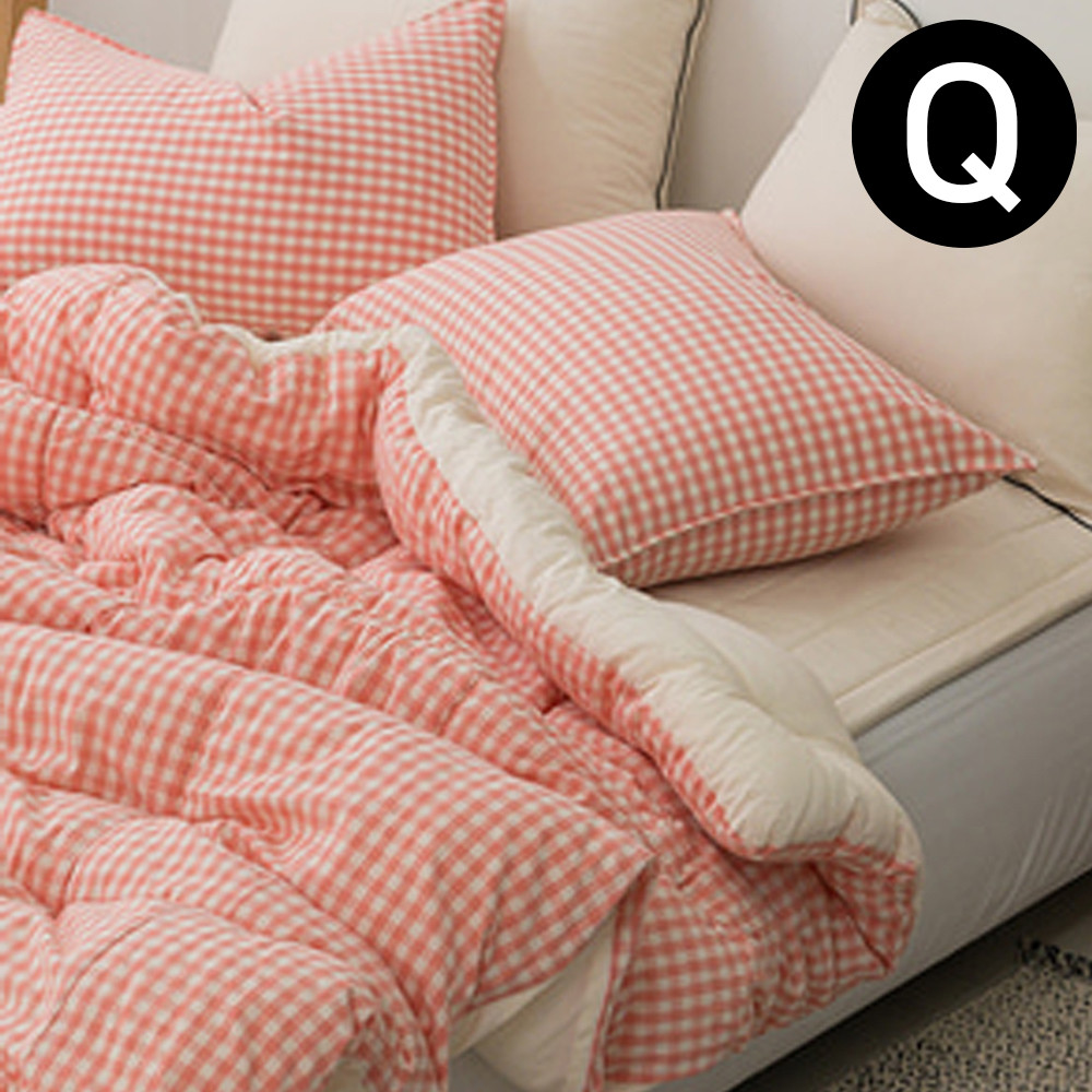 해피니 어반체크 순면 선염 워싱 차렵이불 패드세트 퀸 Q (이불 핑크. 패드 베이지)
