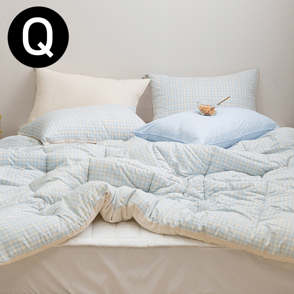 해피니 쿠키체크 소프트마이크로 차렵이불 베개커버세트 퀸 Q (블루) (베개솜 별매)