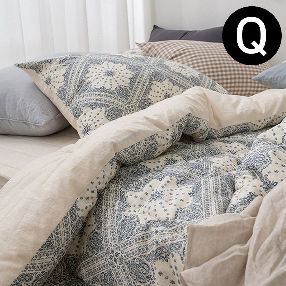 해피니 페이즐 순면 차렵이불 퀸 Q (이불 네이비. 패드 베이지)