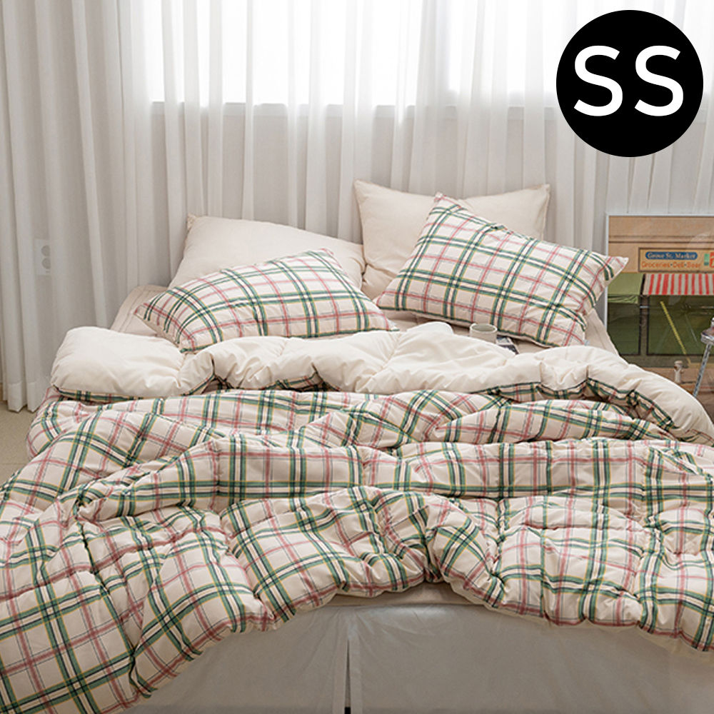 해피니 마드라스 체크 차렵이불 베개커버세트 슈퍼싱글 SS (마일드그린티) (베개솜 별매)