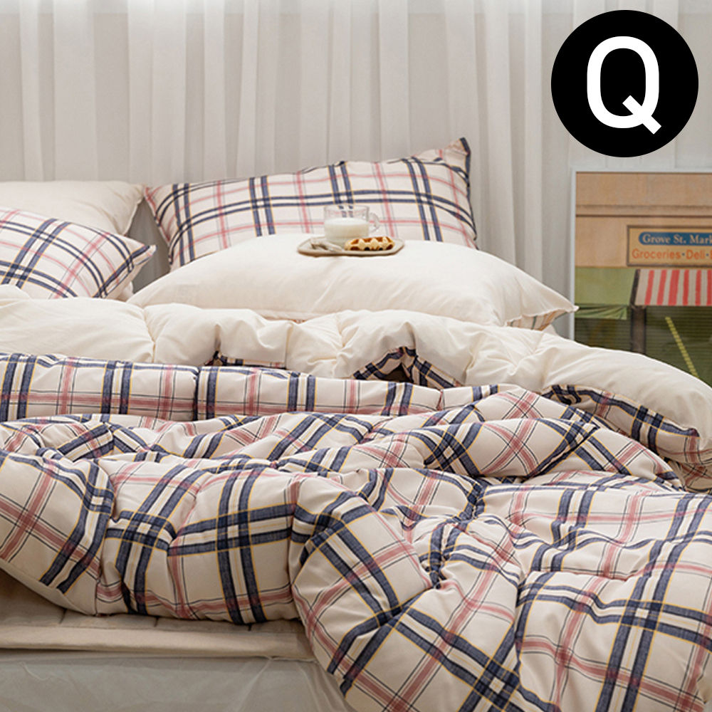 해피니 마드라스 체크 차렵이불 베개커버세트 퀸 Q (내추럴네이비) (베개솜 별매)