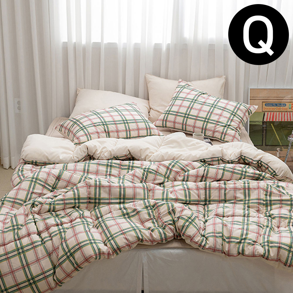 해피니 마드라스 체크 차렵이불 베개커버세트 퀸 Q (마일드그린티) (베개솜 별매)