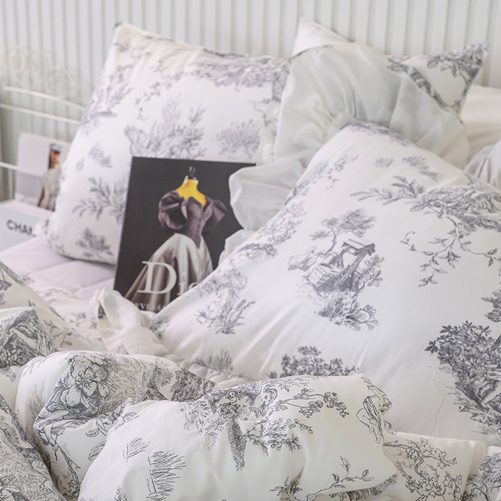 해피니 이불베개세트 디오레 30수 광목 프릴 차렵이불 베개커버 세트 슈퍼싱글 SS (그레이) (베개솜 별매)