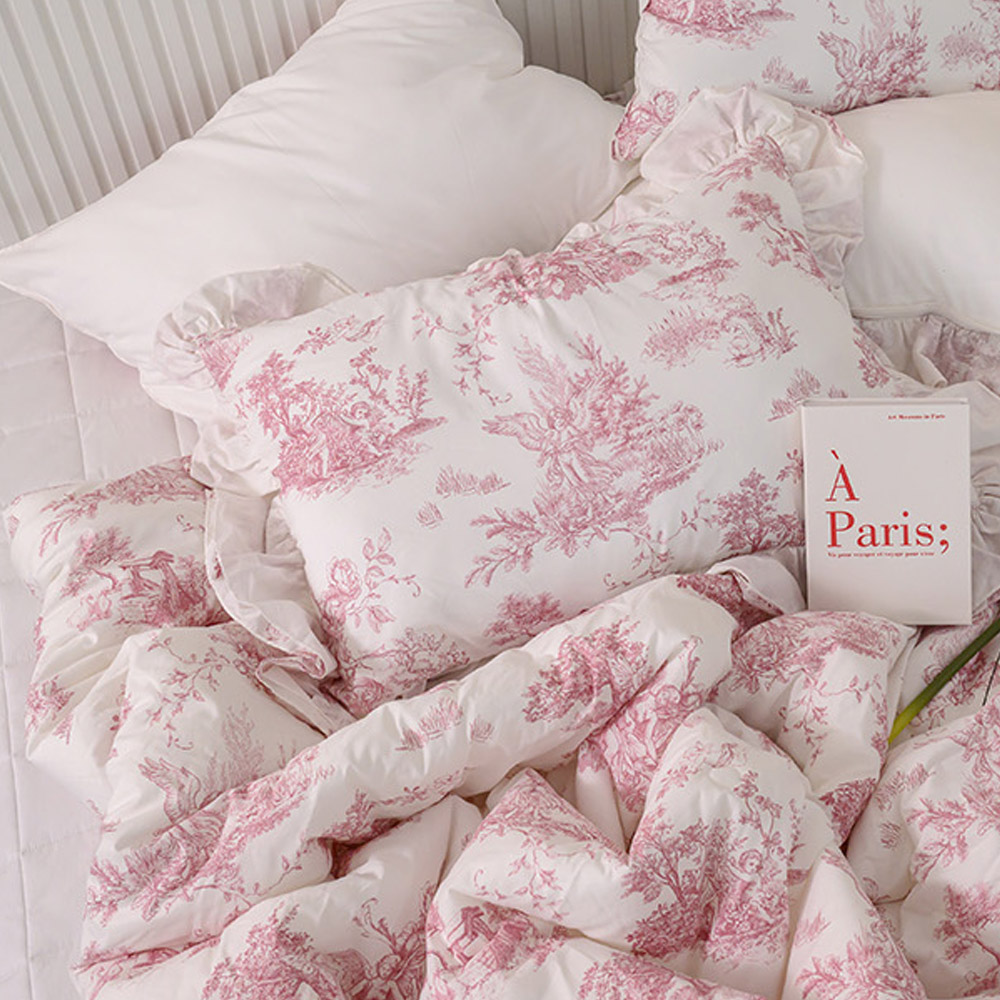 해피니 이불베개세트 디오레 30수 광목 프릴 차렵이불 베개커버 세트 슈퍼싱글 SS (핑크) (베개솜 별매)