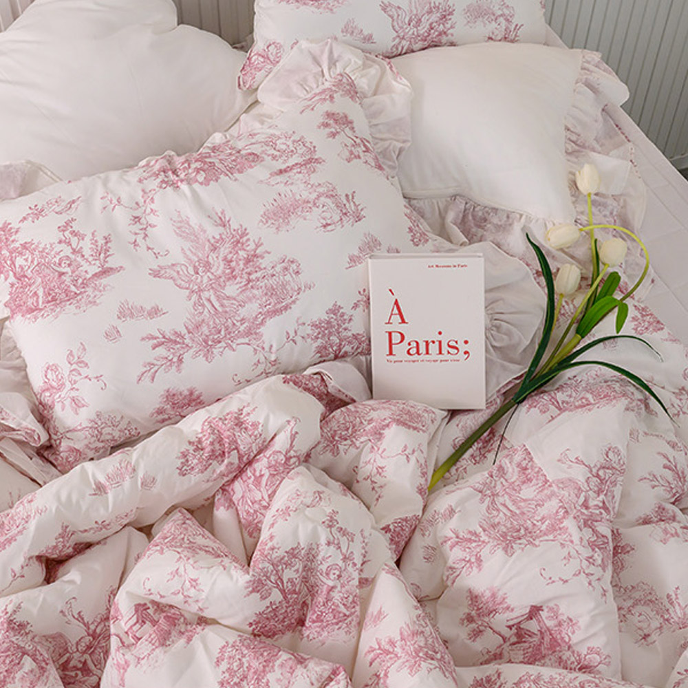 해피니 이불베개세트 디오레 30수 광목 프릴 차렵이불 베개커버 세트 퀸 Q (핑크) (베개솜 별매)