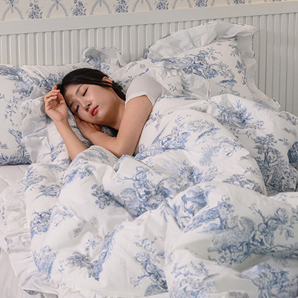 해피니 이불베개세트 디오레 30수 광목 프릴 차렵이불 베개커버 세트 퀸 Q (블루) (베개솜 별매)