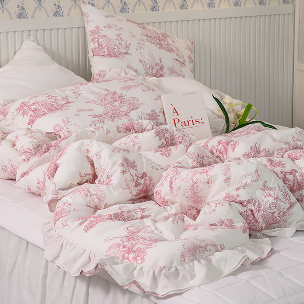 해피니 이불패드세트 디오레 30수 광목 프릴 차렵이불 패드세트 퀸 Q (핑크) 샤이니 패드 (화이트)