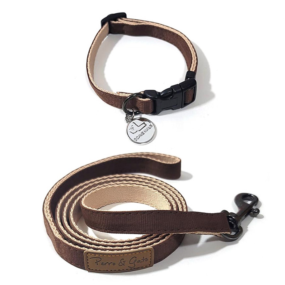 페로가토 강아지 투톤컬러 목줄 리드줄세트 (브라운)