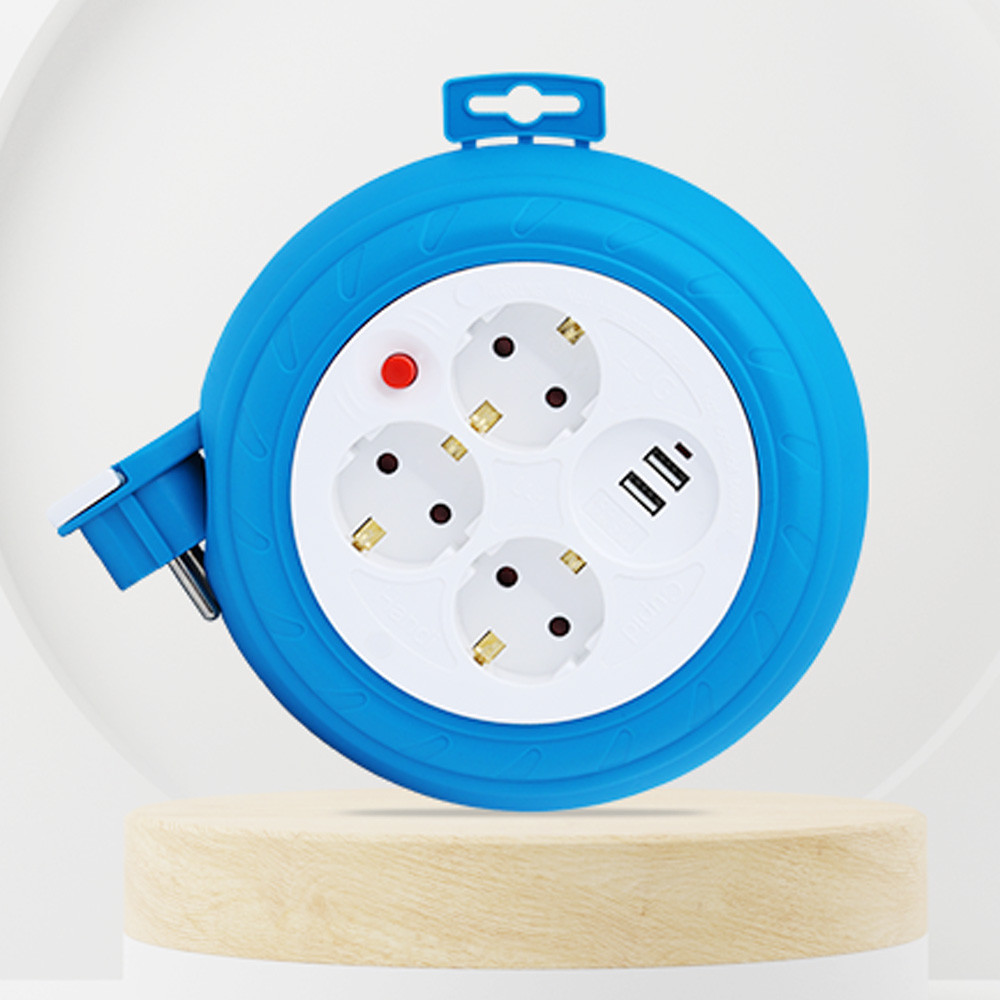 러그박스 멀티탭 라운드 릴선 3구 USB 2포트 3M 1.0SQ (블루) 이지콕 플러그 접지 코드릴