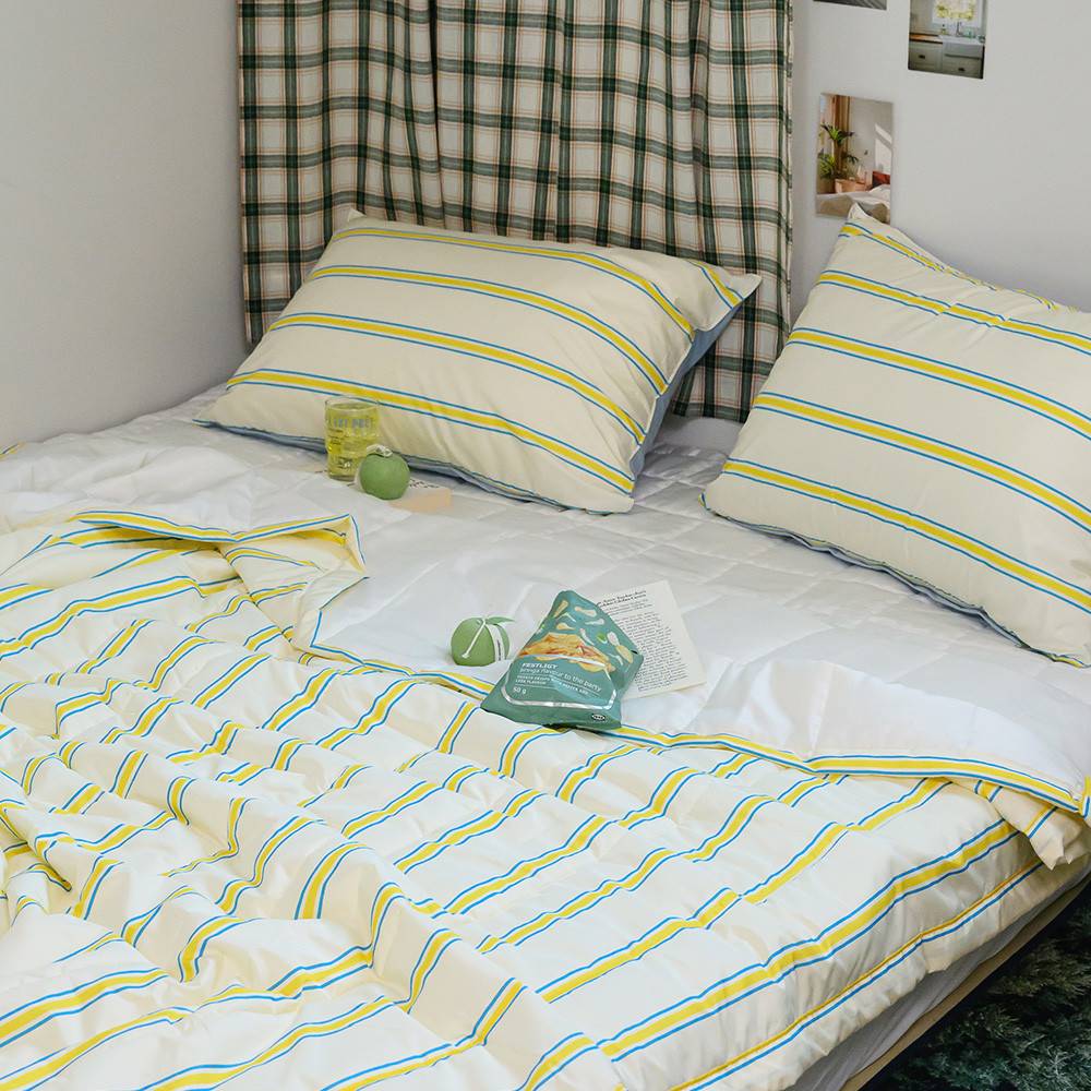 해피니 이불패드세트 레트로 M2 듀라론 냉감 이불 패드 베개 퀸 Q (옐로우) (베개솜 별매)