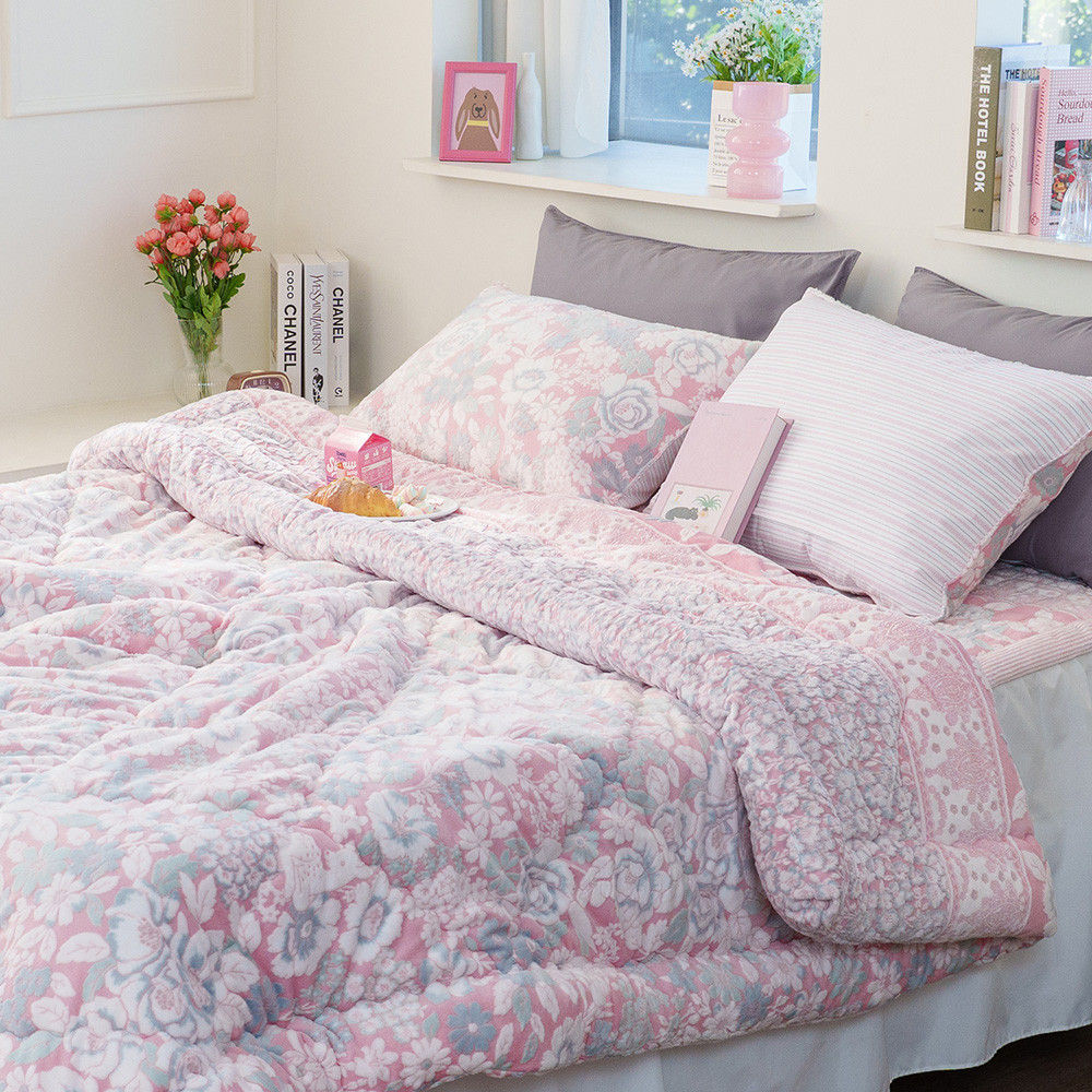 해피니 이불베개세트 코트니 착번 극세사 차렵이불 베개세트 퀸 Q (핑크) (베개솜 별매)