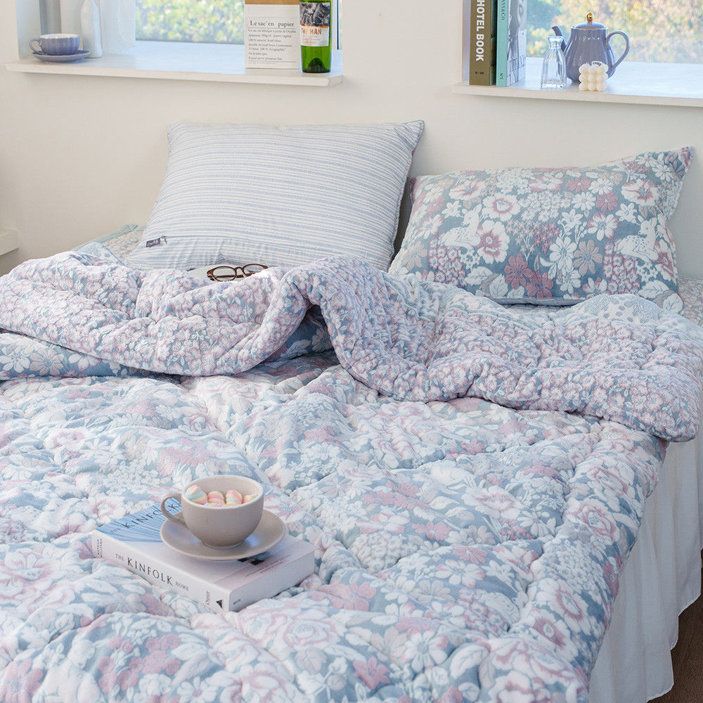 해피니 이불베개세트 코트니 착번 극세사 차렵이불 베개세트 퀸 Q (블루) (베개솜 별매)