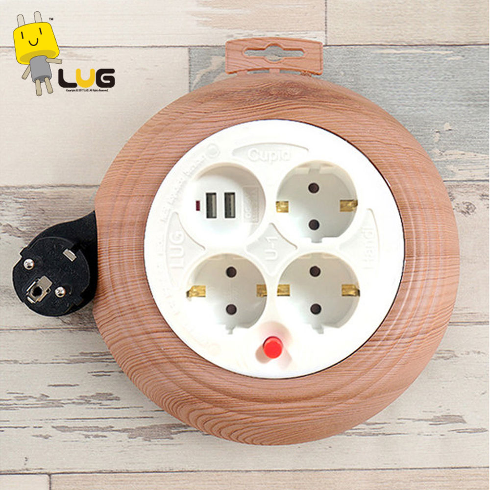 러그박스 멀티탭 라운드 릴선 3구 USB 2포트 3M 1.0SQ (우드) 이지콕 플러그 접지 코드릴