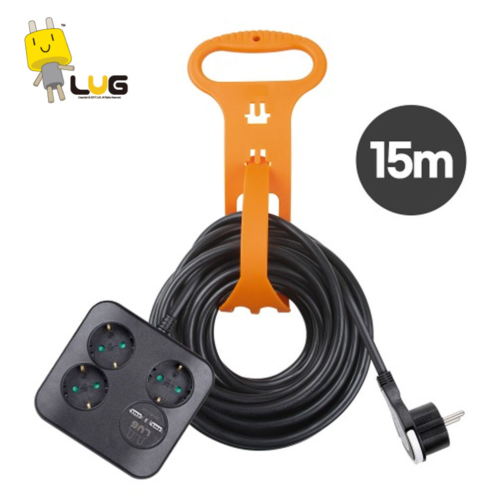 러그박스 콘센트 연장선 3구 USB 2포트 15M 1.5SQ (BK) 이지콕 플러그 멀티탭