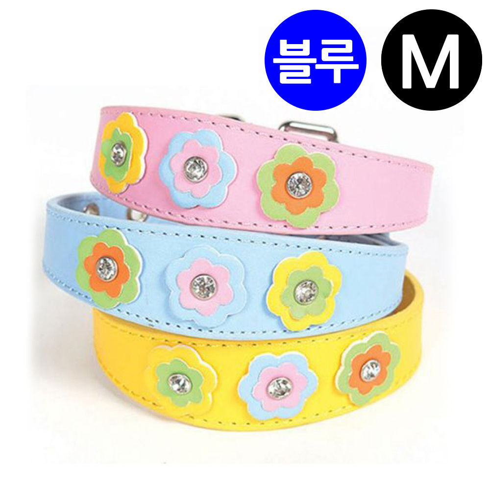 지엠펫 샤이니 플라워 가죽목줄 블루 (M) (강아지 목줄)