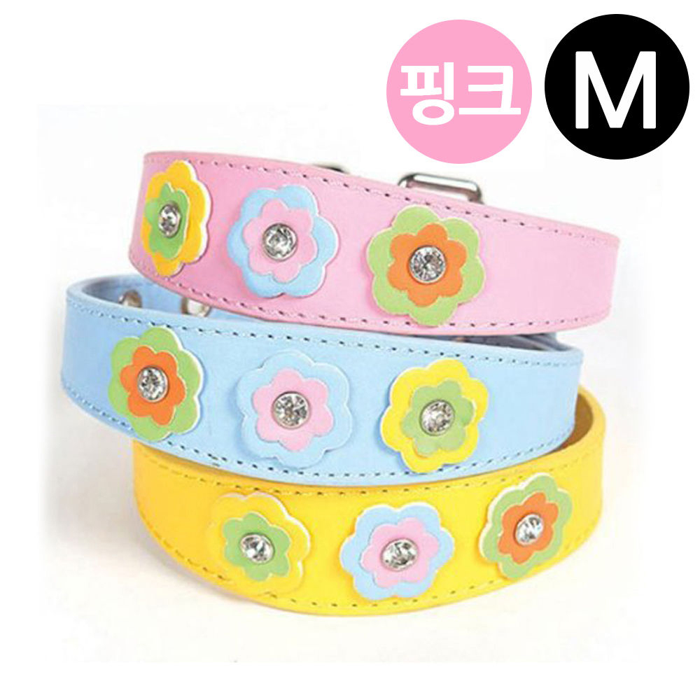 지엠펫 샤이니 플라워 가죽목줄 핑크 (M) (강아지 목줄)