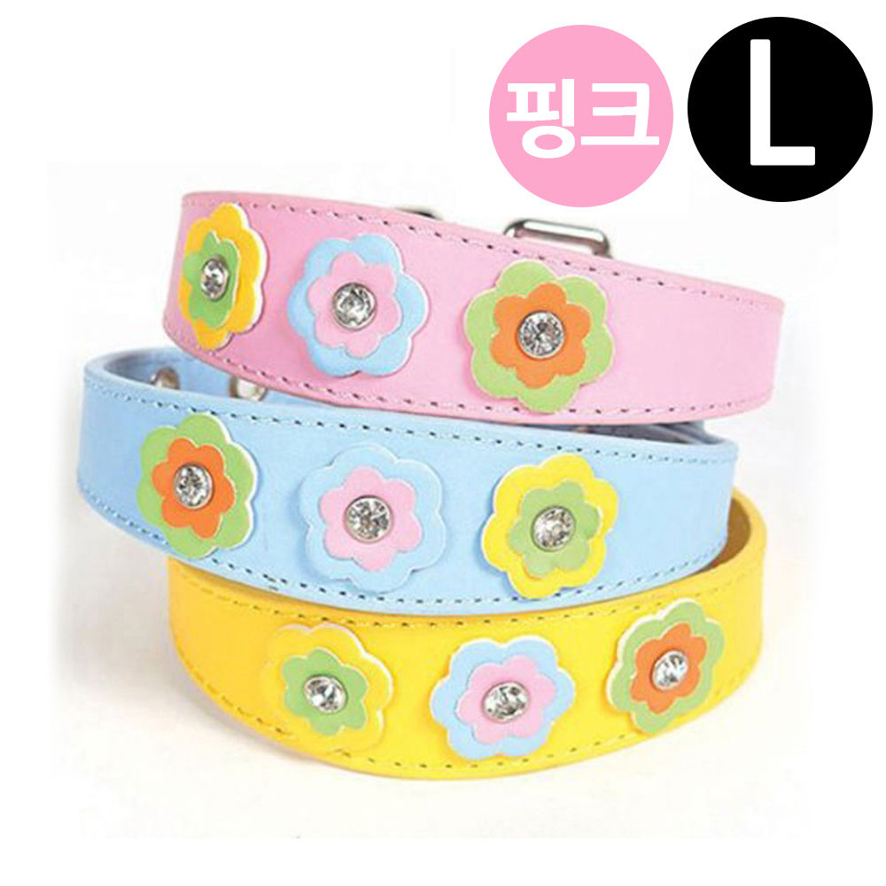 지엠펫 샤이니 플라워 가죽목줄 핑크 (L) (강아지 목줄)