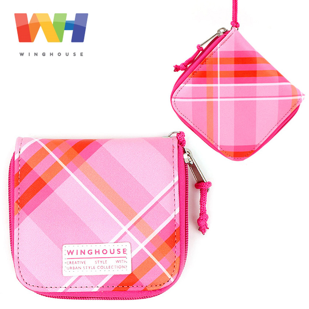 윙하우스 핑크 체크 목걸이 지갑